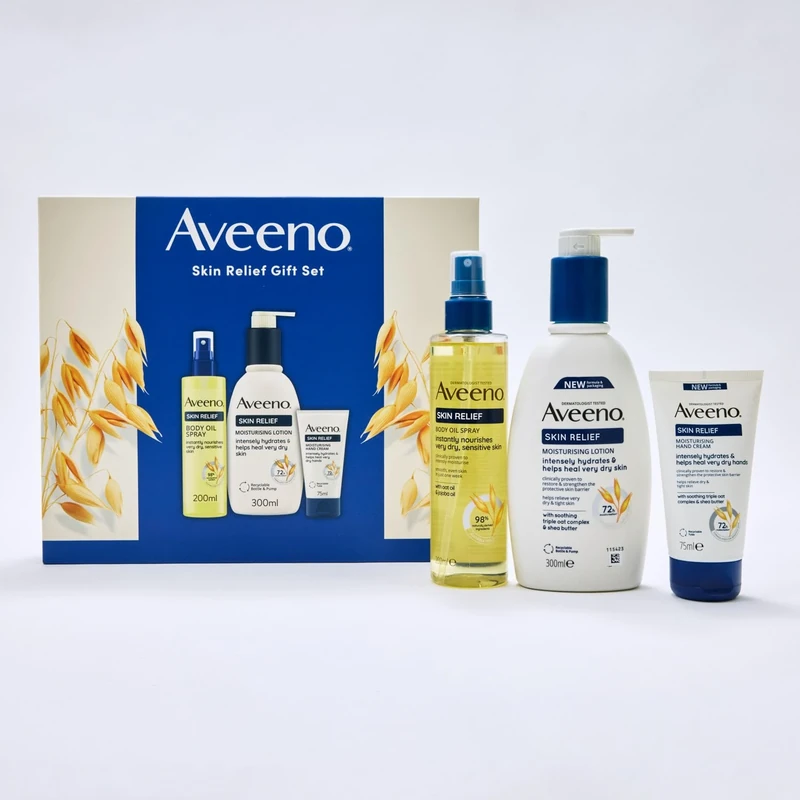 Aveeno Skin Relief Gift Set for Very Dry Skin, Body Oil Spray 200ml + Moisturizing Lotion 300ml + Moisturizing Hand Cream 75ml, Pack of 3
