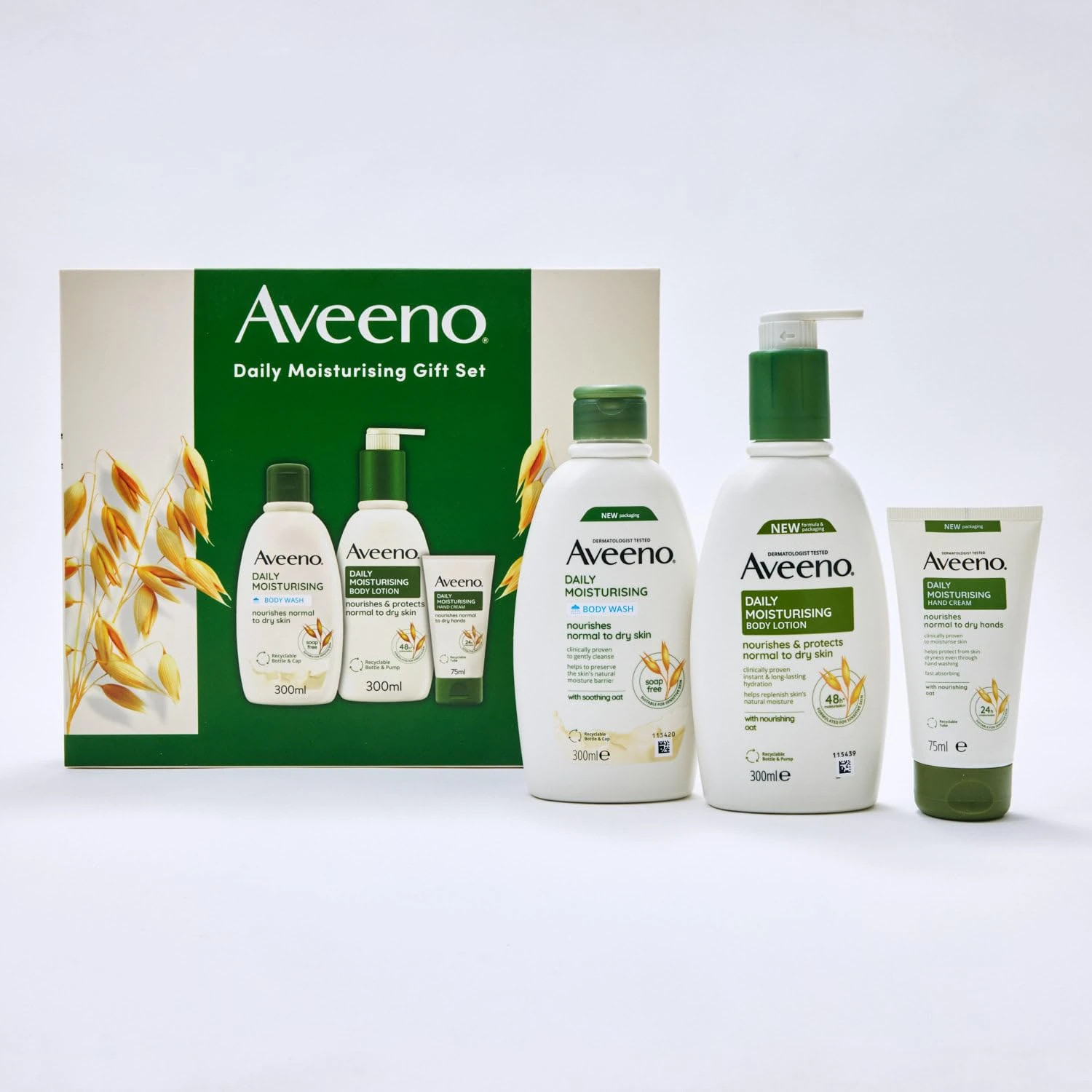 Aveeno Daily Moisturising Gift Set for Normal to Dry Skin, with Soothing Oat Extract, Body Wash 300ml + Body Lotion 300ml + Hand Cream 75ml, Pack of 3