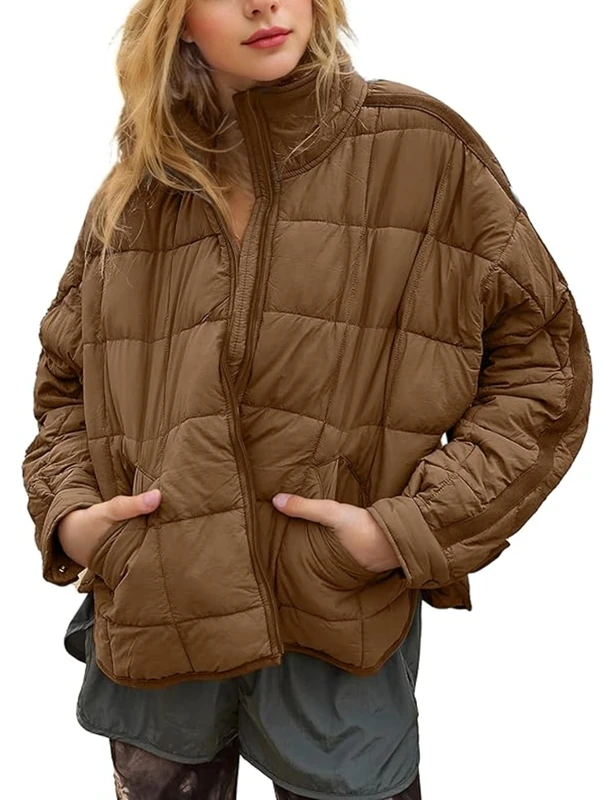 Omoone Women's Quilted Puffer Jacket Zip Up Oversized Lightweight Padded Down Coat Outerwear, Brown, L