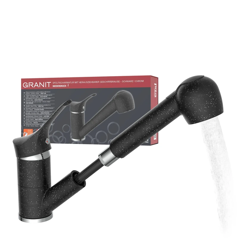 EISL Sink Mixer Low Pressure Granit with Dish Shower, 90° Swivel Kitchen Mixer Black Ideal for Double Sink, Kitchen tap, Single Lever Mixer Low Pressure NI183SMCR-LP