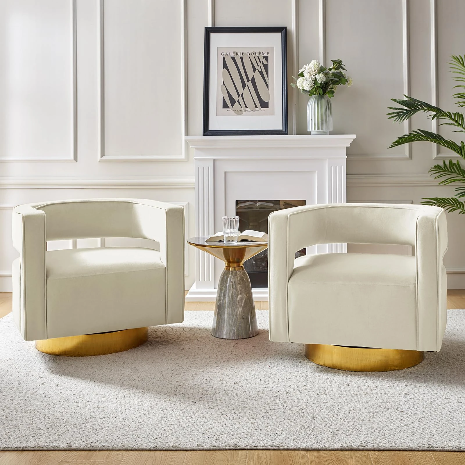 HULALA HOME Swivel Armchair Set of 2, Modern Velvet Accent Chair with 3D Curved Open Back Swivel Gold Metal Base, Velvet Club Lounge Chair for Customer Reception Store Decorations, Ivory