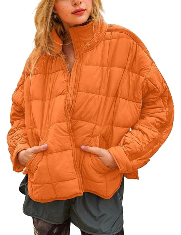 Omoone Women's Quilted Puffer Jacket Zip Up Oversized Lightweight Padded Down Coat Outerwear, Orange, L