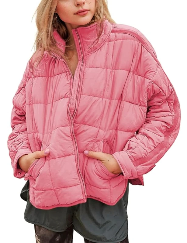 Omoone Women's Quilted Puffer Jacket Zip Up Oversized Lightweight Padded Down Coat Outerwear, Pink, XL