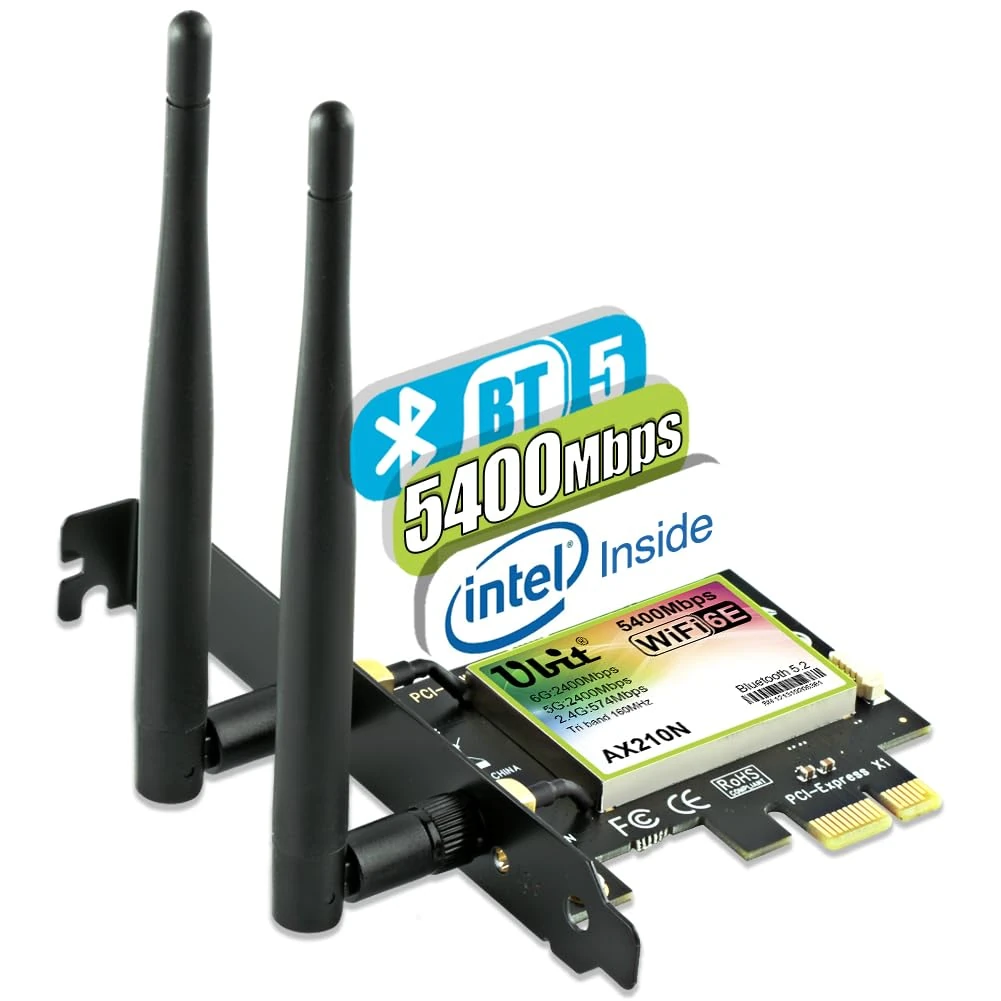WiFi 6E AX210 PCIe Network Card - 5400Mbps Wireless Bluetooth 5.3, Intel Chip, 6GHz/5GHz/2.4GHz for PC Windows 11/10 (64Bit)