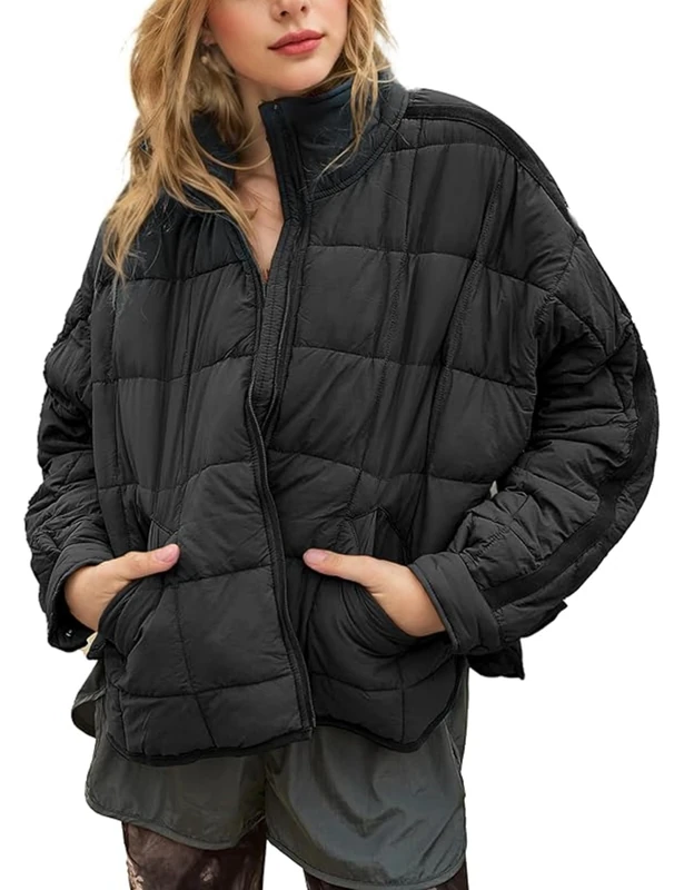 Omoone Women's Quilted Puffer Jacket Zip Up Oversized Lightweight Padded Down Coat Outerwear, Black, XL