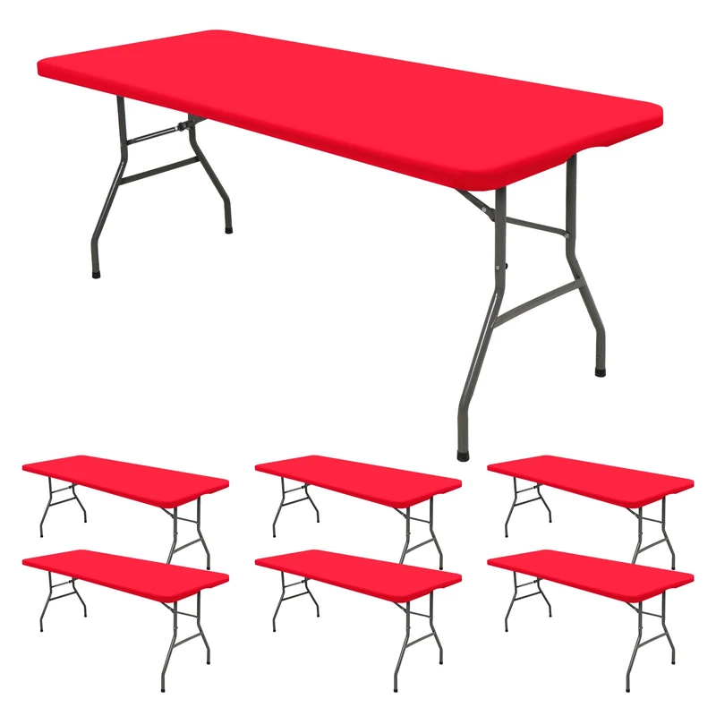 6 Pack Stretch Fabric Table Top Cap Cover, fits 8' Tables, Spandex Table Covers Washable Elastic Universal Rectangle Tablecloth Protector for Indoor Outdoor Party Picnic Wedding, Red, 30" W x 96" L