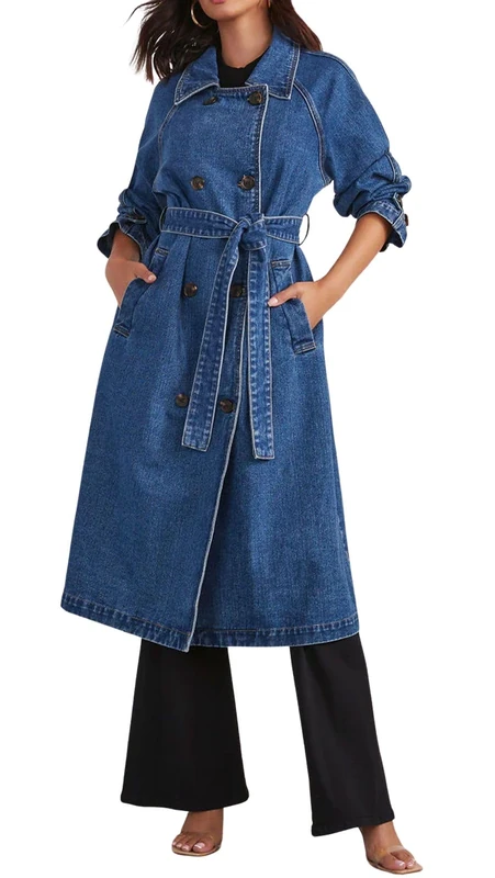 CHARTOU Women's Casual Double Breasted Long Denim Trench Coat Jean Jacket Trenchcoat with Belt Duster Coat, Blue, L