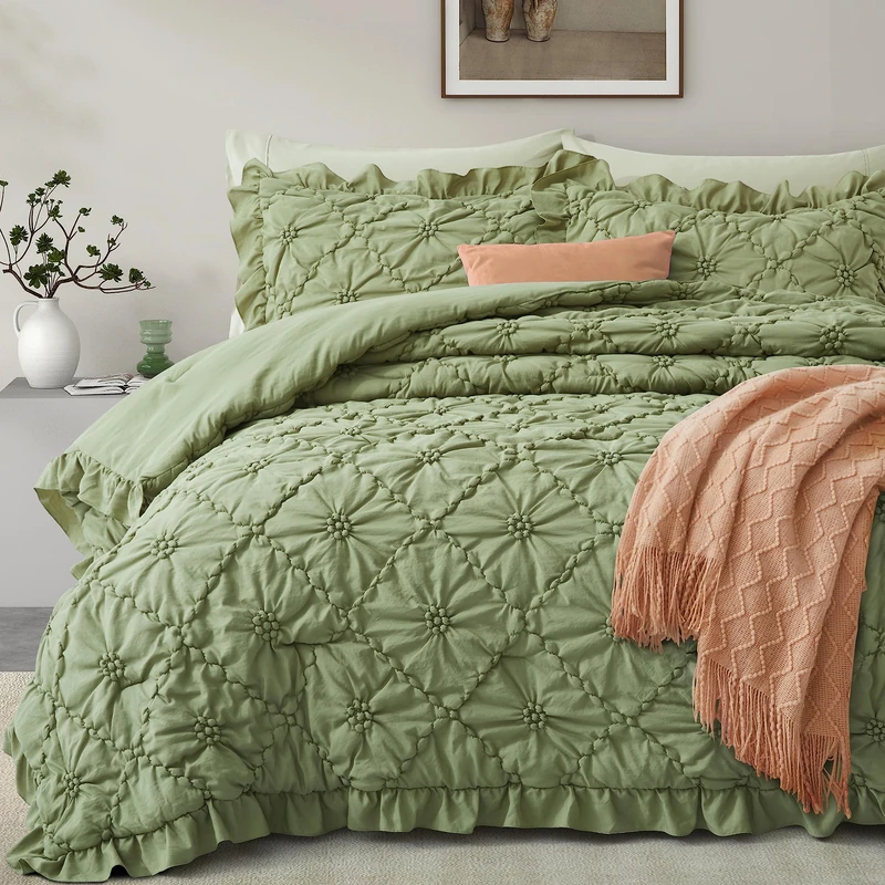 BEDAZZLED Comforter Set King Size, 3 Pieces Bed in a Bag Pinch Pleat Exquisite Comforter, Boho Down-Alternative Bedding with Ruffled Shams All Season Available, Sage Green (102"*88")