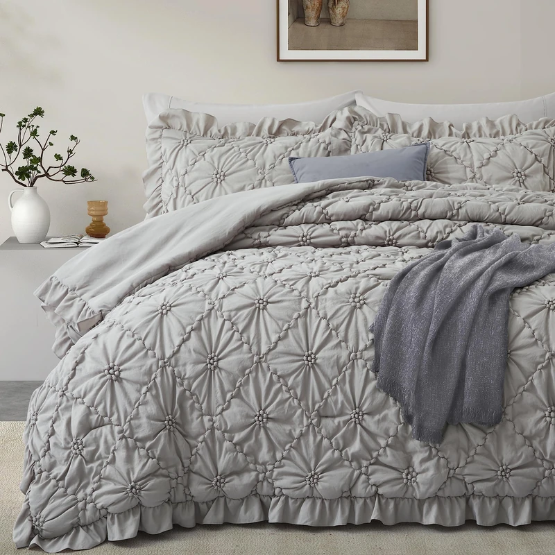 BEDAZZLED Comforter Set Queen Size, 3 Pieces Bed in a Bag Pinch Pleat Exquisite Comforter, Boho Down-Alternative Bedding with Ruffled Shams All Season Available, Grey (90"*88")