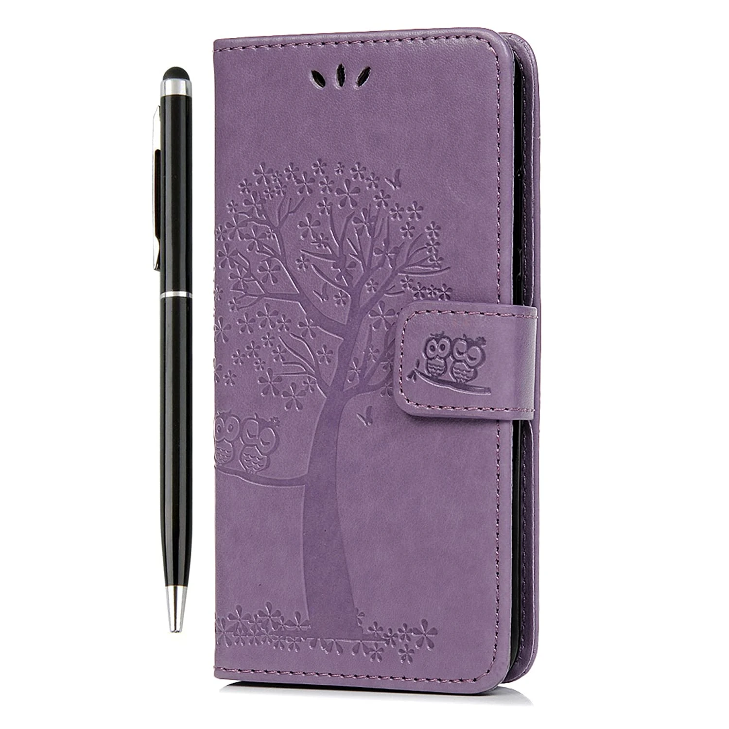 Honor X6A Case Wallet Shockproof Flip Phone Case Premium PU Leather Owl Tree Embossed Magnet Cover for Honor X6A with Kickstand Card Holder & 1 Touch Pen, Light Purple