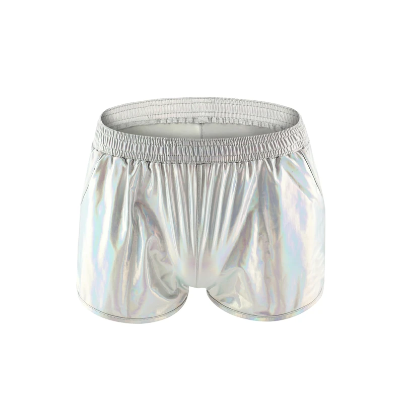 Drelaar Men's Metallic Stage Clubwear Casual Stretchy Soft Boxer Shorts Trunks with Pockets Large Silver