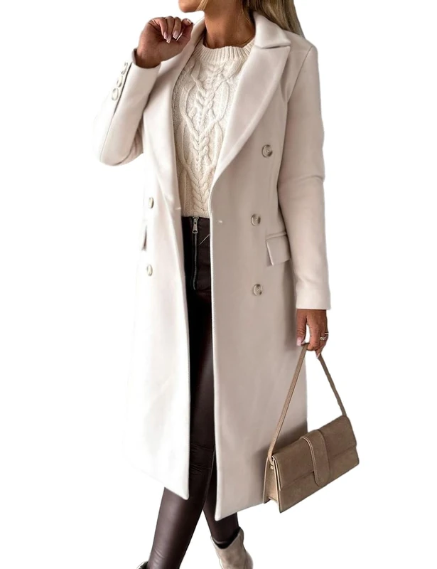 IDEALSANXUN Womens Long Wool Coat Double Breasted Trench Coat Fall Winter Clothes, Beige, Large