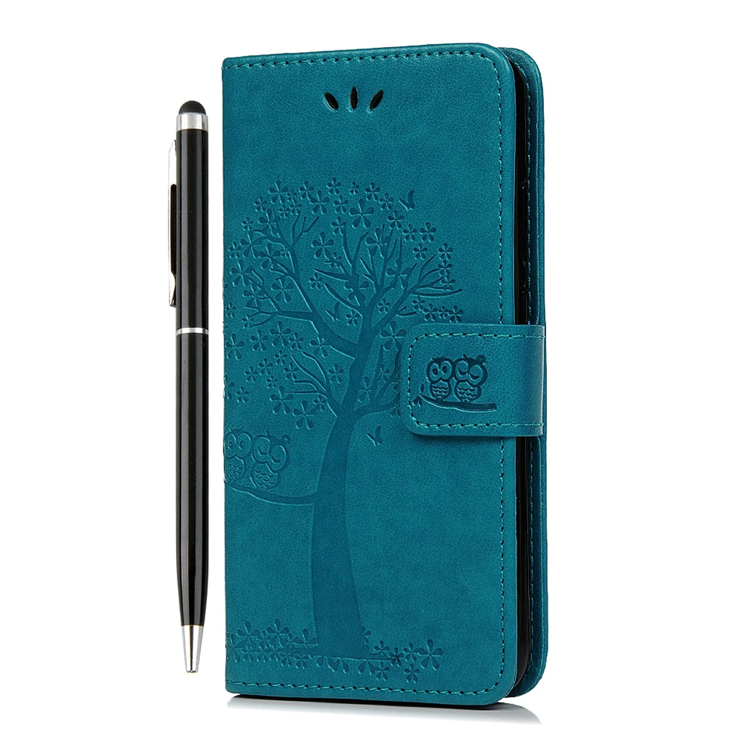 Honor X6A Case Wallet Shockproof Flip Phone Case Premium PU Leather Owl Tree Embossed Magnet Cover for Honor X6A with Kickstand Card Holder & 1 Touch Pen, Blue