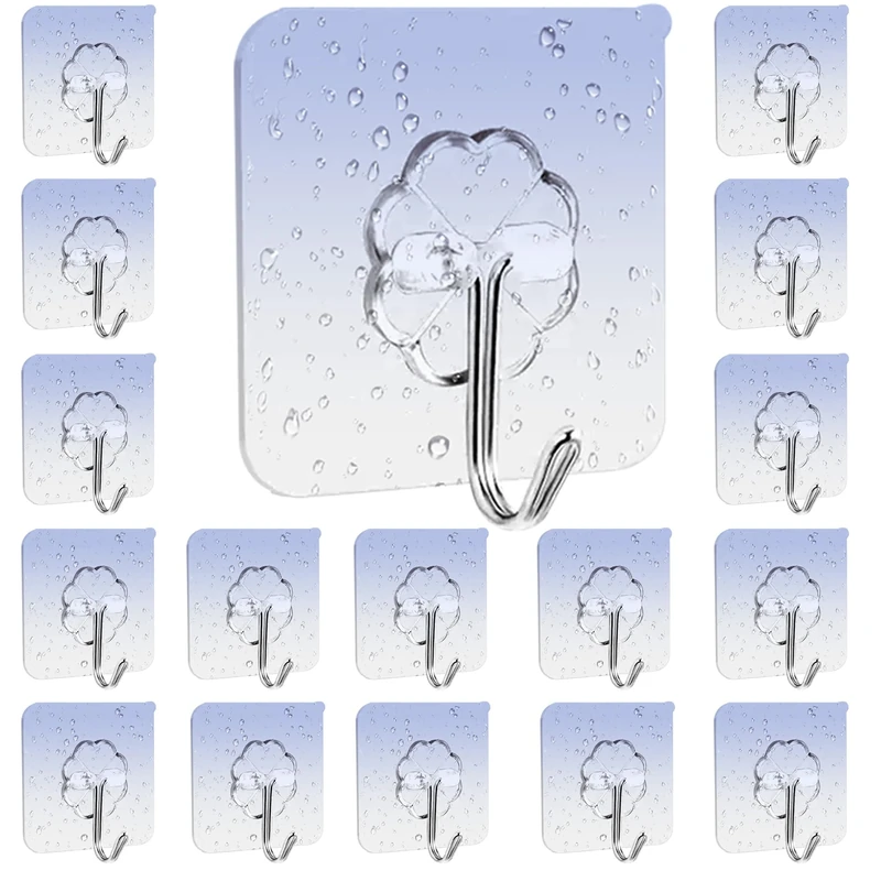 Elodyunhc 30 PCS Heavy Duty Self Adhesive Hooks, Stainless Steel & PVC, 10-20KG Capacity, Nail-Free, Sticky, Rotatable, Suitable for Multiple Surfaces, Modern Style, Transparent Finish