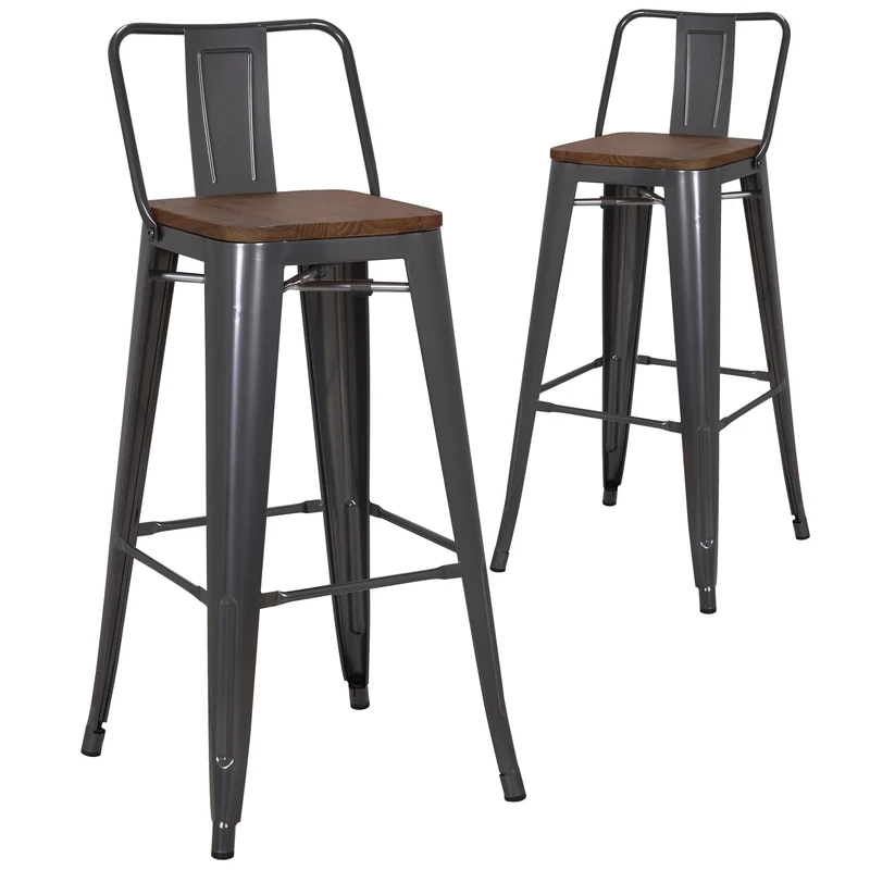 RayGar Pollux Metal Bar Stools Set of Two Indoor Outdoor Bar Restaurant Home (Metallic Grey) - Image 1