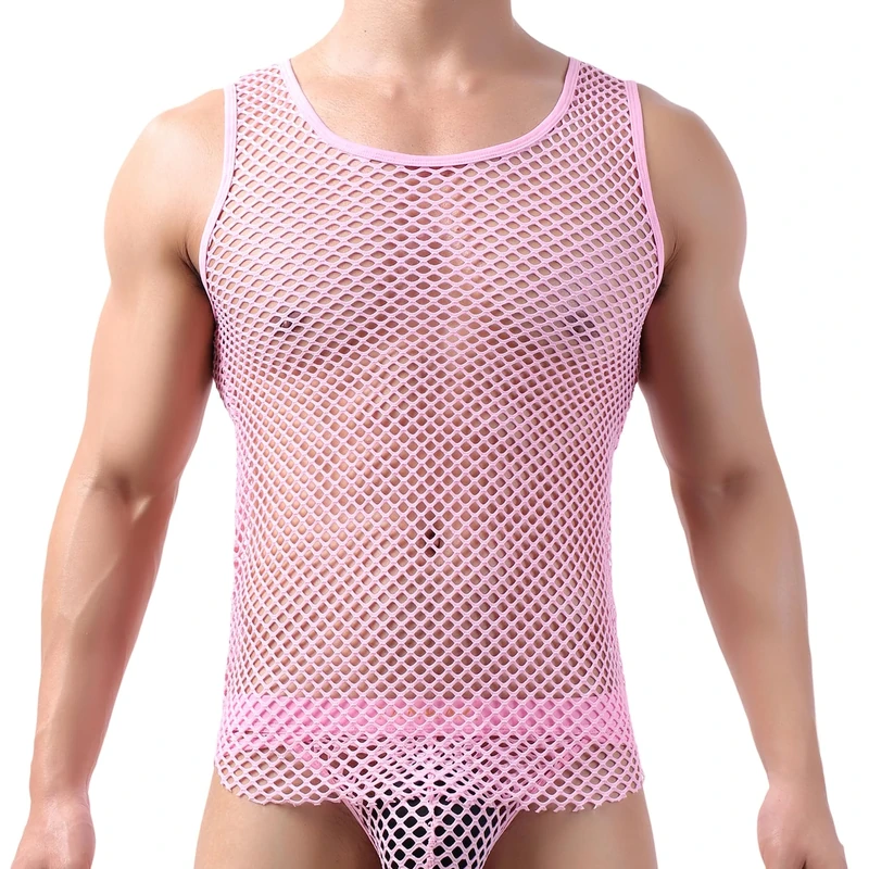Drelaar Transparent Fishnet Tank Top for Men Sexy Clubwear Hollow Out Sleeveless Undershirt Small Pink