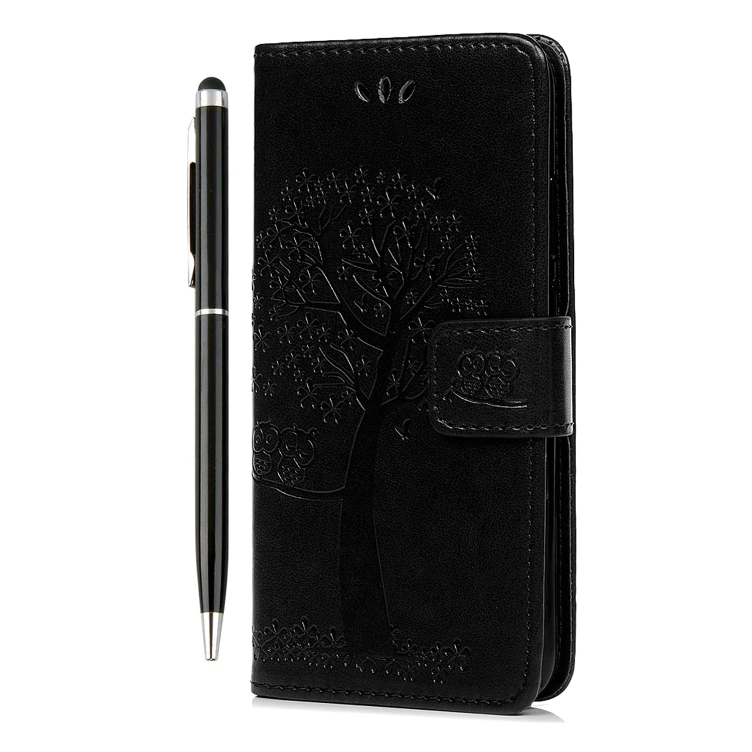 Honor X6A Case Wallet Shockproof Flip Phone Case Premium PU Leather Owl Tree Embossed Magnet Cover for Honor X6A with Kickstand Card Holder & 1 Touch Pen, Black