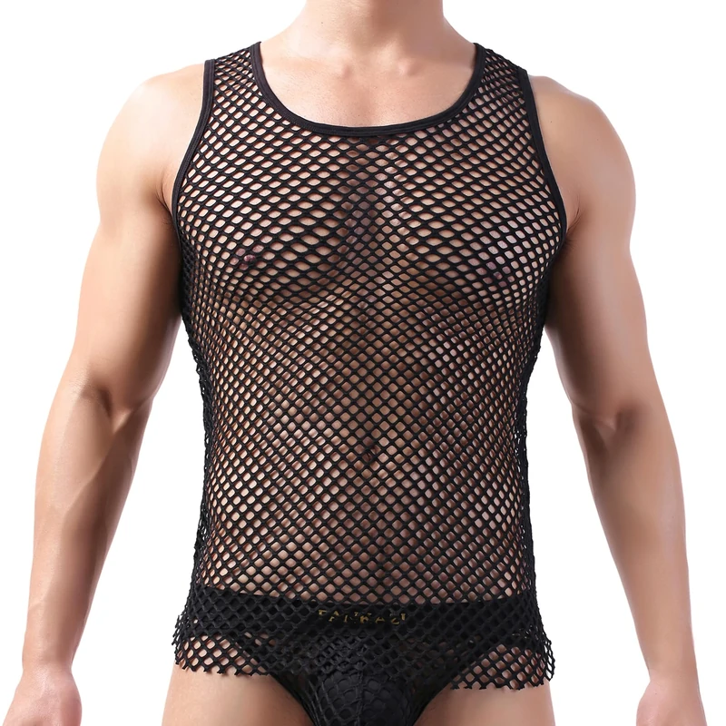 Drelaar Transparent Fishnet Tank Top for Men Sexy Clubwear Hollow Out Sleeveless Undershirt Medium Black