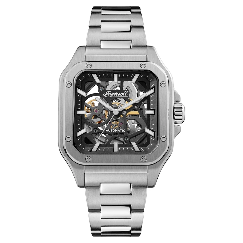 Ingersoll The Ollie Mens 42mm Automatic Watch with Skeleton Dial and Silver Stainless Steel Bracelet Strap