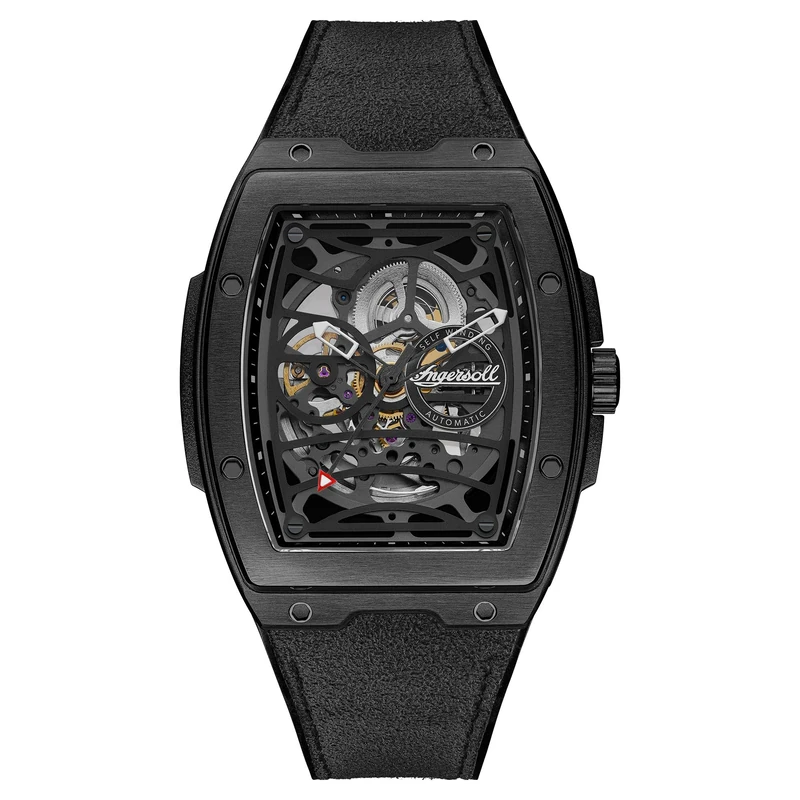 Ingersoll The Challenger Mens 42mm Automatic Watch with Black Sleketon Dial and Black PU/Alcantara Strap