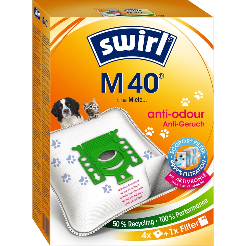Swirl M 40 EcoPor Anti-Odour Vacuum Cleaner Bags (4 Bags), Tear-Resistant Dust Bags for Some Miele & Hoover Vacuum Cleaners, with Odour Filter, 99.9% Filtering of House Dust & Allergenic Fine Dust