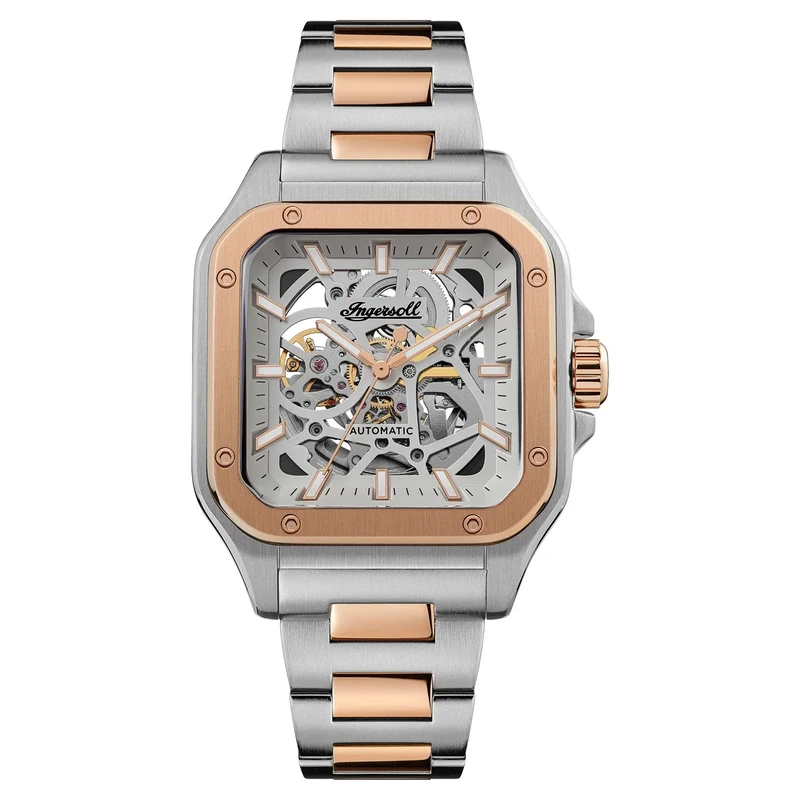 Ingersoll The Ollie Mens 42mm Automatic Watch with Skeleton Dial and Two Tone Silver/Rose Gold Bracelet Strap