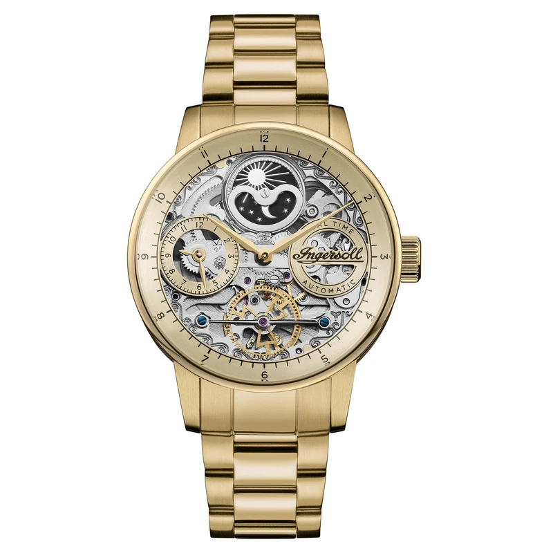Ingersoll The Jazz Mens 42mm Automatic Moonphase Watch with Skeleton Dial and Gold Stainless Steel Bracelet Strap