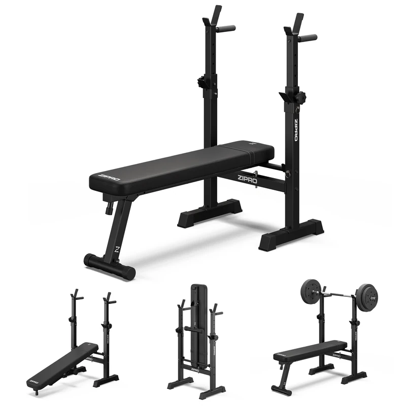 Zipro Bench Press Bench Core, Fitness Bench with Adjustable Dumbbell Shelves, Foldable Bench Press, Push Up Bench with Push-Up Handles, Total Load Capacity 230 kg, Power Station without Bar