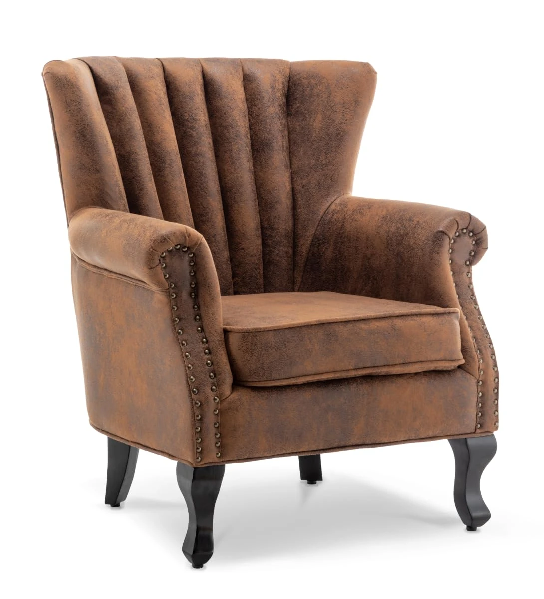 Luxury Brown Faux Leather Look Fireside Wingback Chair , High Back Armchair for Bedroom Living Room Corner Reading Conservatory Lounge Office , Modern Occasional Single Accent Chair for Small Spaces