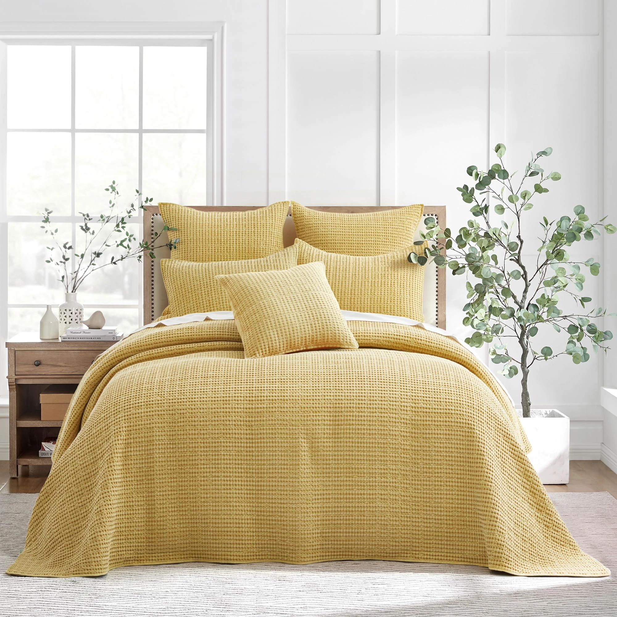 Levtex Home Mills Waffle King Bedspread Set (122x106in) with 2 Pillow Shams (36x20in) - Ochre - Cotton Waffle King Size Bedspread Set - Soft, Pre-Washed