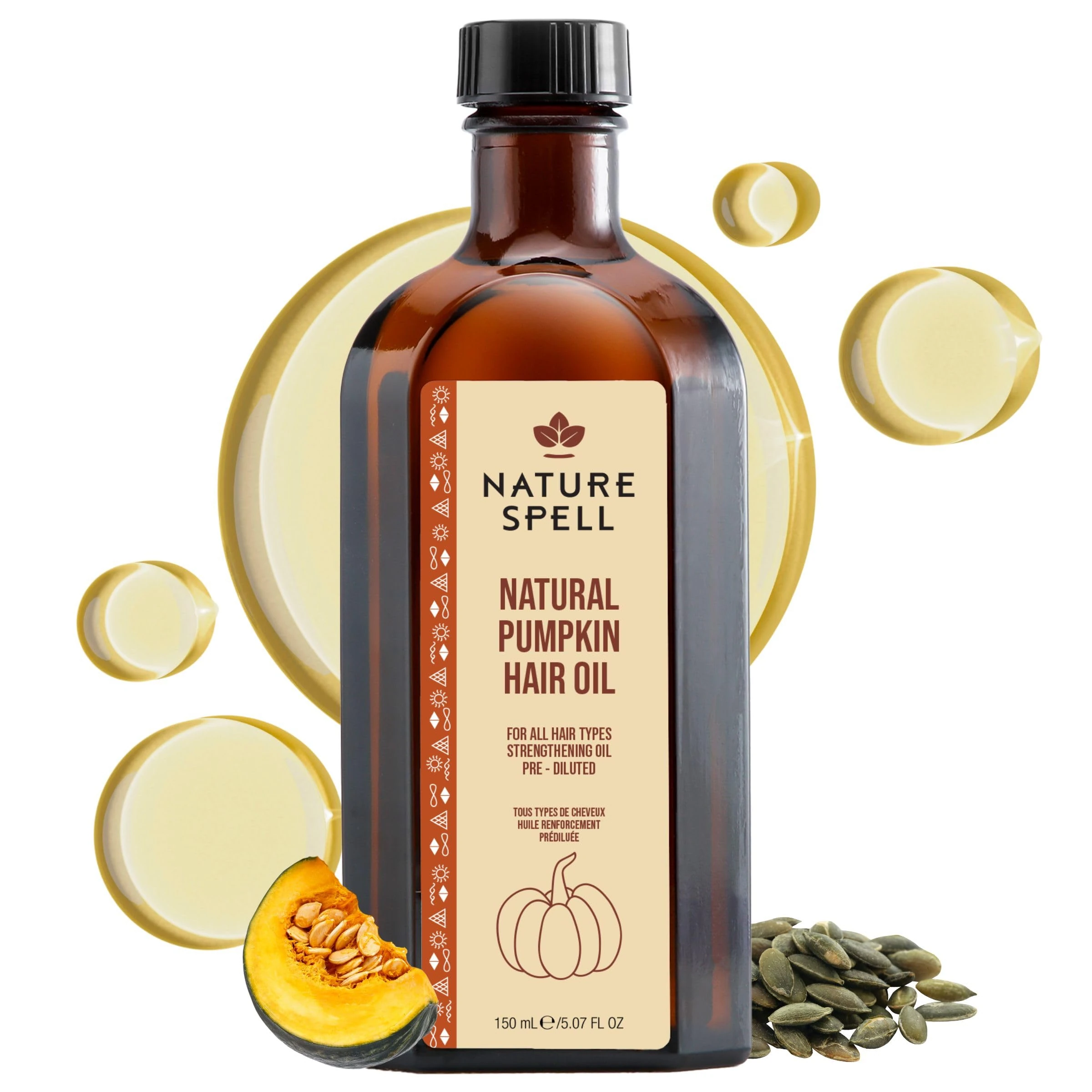 Nature Spell Pumpkin Oil for Hair, Pre-Diluted Oil Helps Nourish Brittle Strands & Reduce the Look of Split Ends, For All Hair Types, Vegan, 150ml