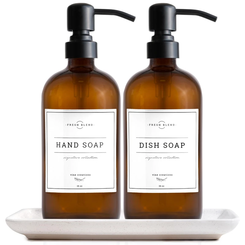 Vine Creations Amber Glass Soap Dispenser, 2 Pack Kitchen Soap Dispenser Set with Ceramic Tray, Stainless Steel Pump, Dish Soap Dispenser for Kitchen, Hand Soap Dispenser with Waterproof Labels