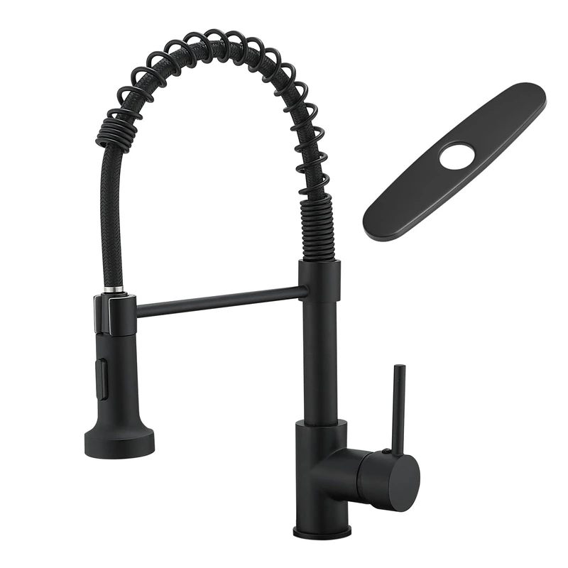 Black Kitchen Faucet with Pull Down Sprayer, AIMADI Commercial Single Handle Pull Down Sprayer Spring Matte Black Kitchen Faucet