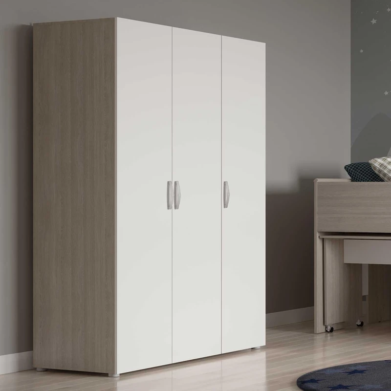 Demeyere Grande Armoire Dressing Avec Penderie 3 Portes 4 Etagères – Coloris Blanc Mat et Chêne Clair - 119,1 x 51,3 x 184,8 cm