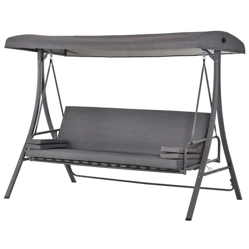 Outsunny Outdoor 2-in-1 Swing Chair & Garden Swing Seat Bed 3 Seater Garden Bench Lounger Hammock Bed Adjustable Canopy W/Cushion, Pillow, Grey