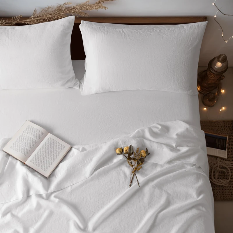 LBRO2M 100% Pure Linen Sheet Set Deep Pocket Up to 16" Bed Sheets Sets, Natural Flax Beddings Soft, Breathable, Comfortable for All Seasons 4 Pcs Sheet Set Full Size, White