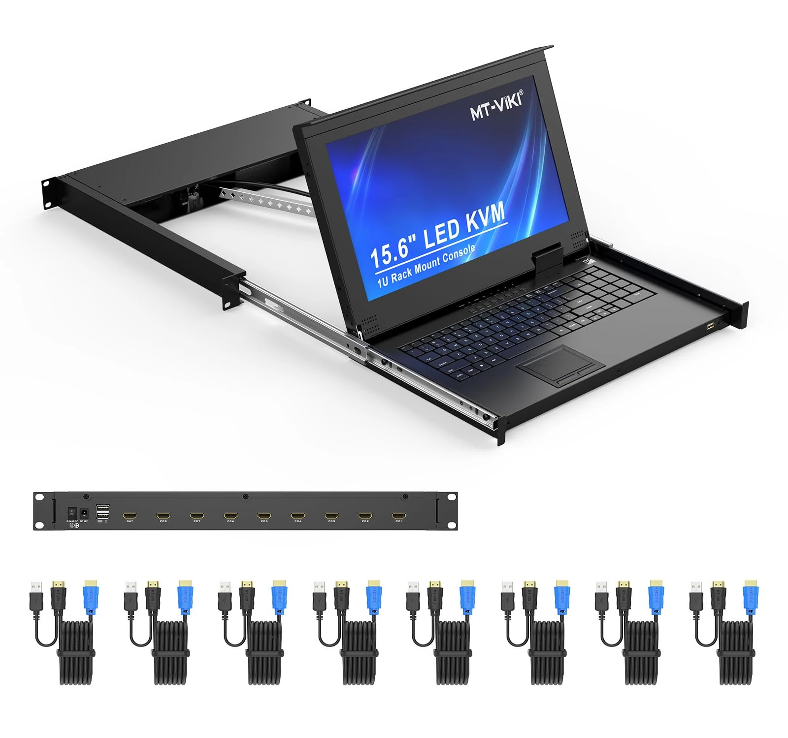 15.6" LCD KVM Console 8 Port HDMI, MT-VIKI 8x1 KVM Switch Drawer Rackmount For 1U 19" Rack + 8-pack KVM Cables + UK Power Supply