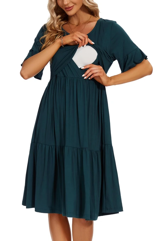 Smallshow Women's Maternity Nursing Dress Ruffle Short Sleeve Breastfeeding Clothes, Teal, M