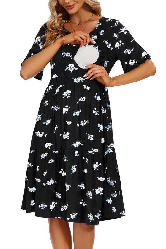 Smallshow Women's Maternity Nursing Dress Ruffle Short Sleeve Breastfeeding Clothes, Svp121, M