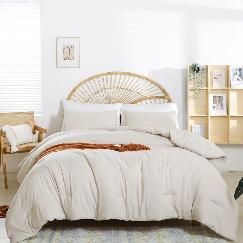 weigelia Beige Comforter Set King Size - 3 Pieces Lightweight Solid Bedding Comforter Set - All Season Fluffy Microfiber Bed Set (1 Comforter, 2 Pillowcases)