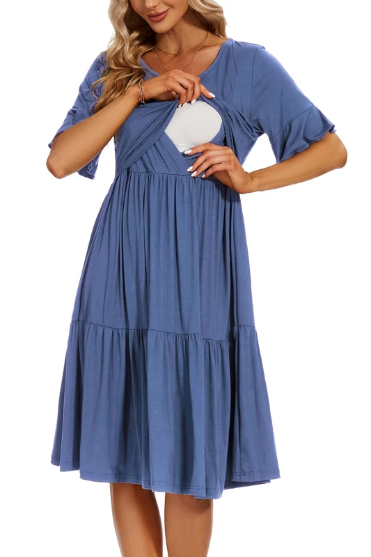 Smallshow Women's Maternity Nursing Dress Ruffle Short Sleeve Breastfeeding Clothes, Grey Blue, XXL