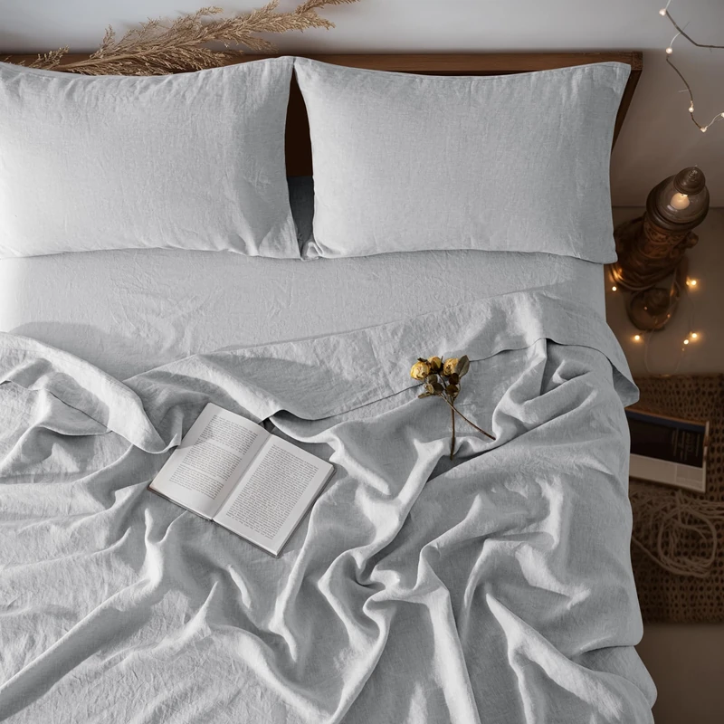 LBRO2M 100% Pure Linen Sheet Set Deep Pocket Up to 16" Bed Sheets Sets, Natural Flax Beddings Soft, Breathable, Comfortable for All Seasons 4 Pcs Sheet Set Queen Size, Grey