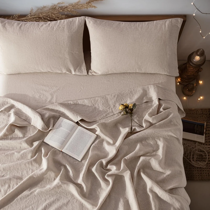 LBRO2M LBR02M 100% Linen Sheet Set King Size,Bed Sheets 4 Piece Sets,Solid Color Natural Flax Cotton Blend Soft Breathable Bedding,16 inches Deep Pocket,All Season (Linen)