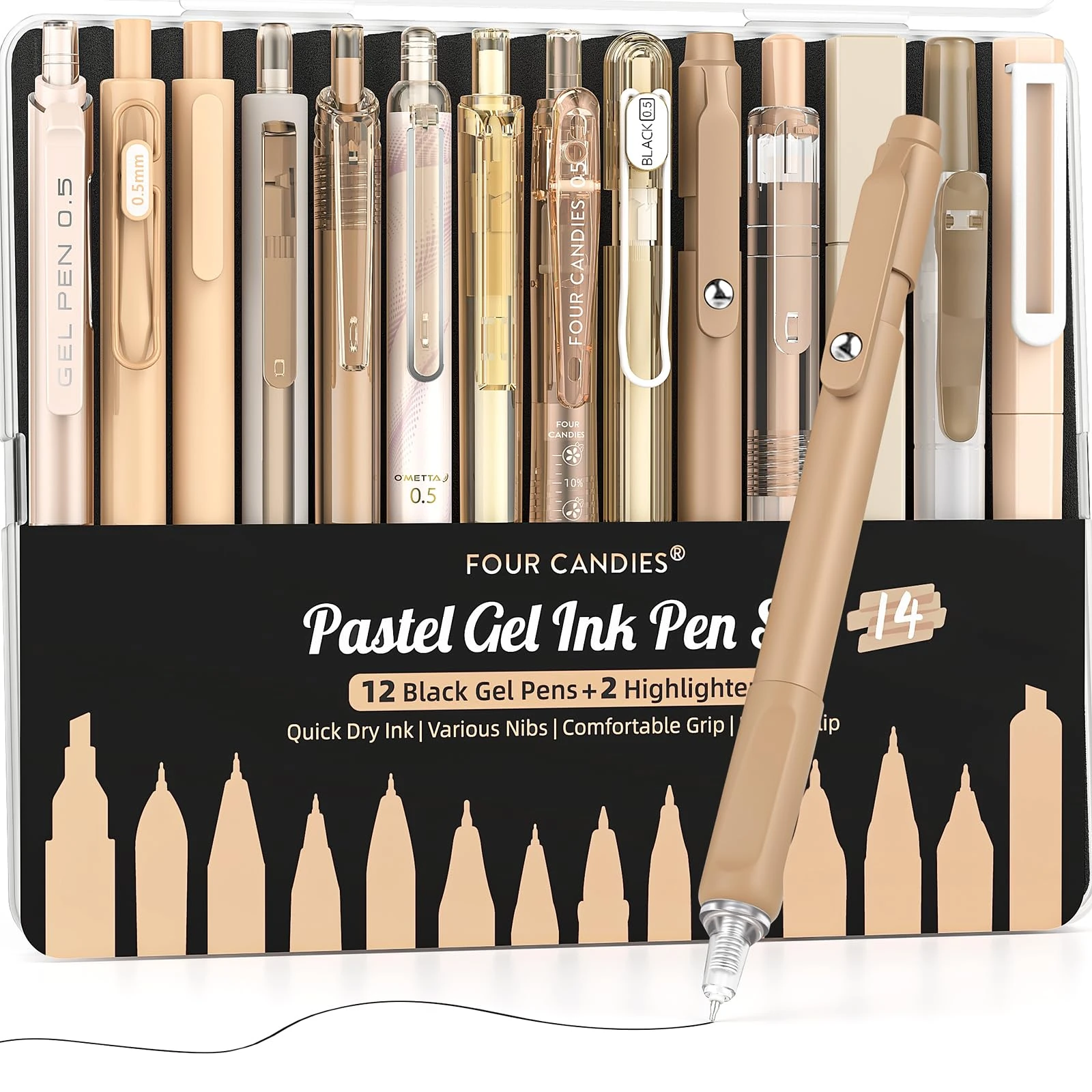 Four Candies 14Pack Pastel Gel Ink Pen Set,Cute Retractable 0.5mm Fine Point Pen,Note Taking Aesthetic Pens,12 Pack Black Ink Pens with 2Pack Highlighter, Smooth Writing Pens for School, Office(Brown)