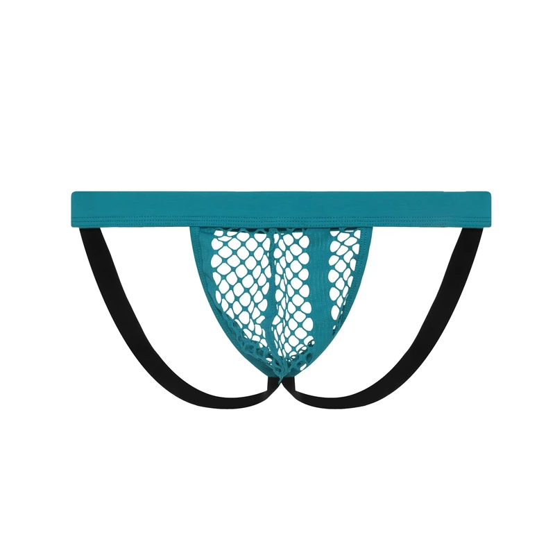 Drelaar Men's Transparent Sexy Underwear Breathable Openwork Fishnet Jockstraps Small Blue