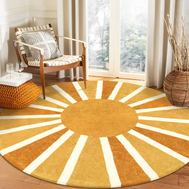 Lahome Boho Washable Area Rug - Soft, Non-Slip, Large Round Rug, Cute Rainbow Sun Print for Living Room, Dining Room, Office, Classroom, Bedroom, Nursery - Image 1