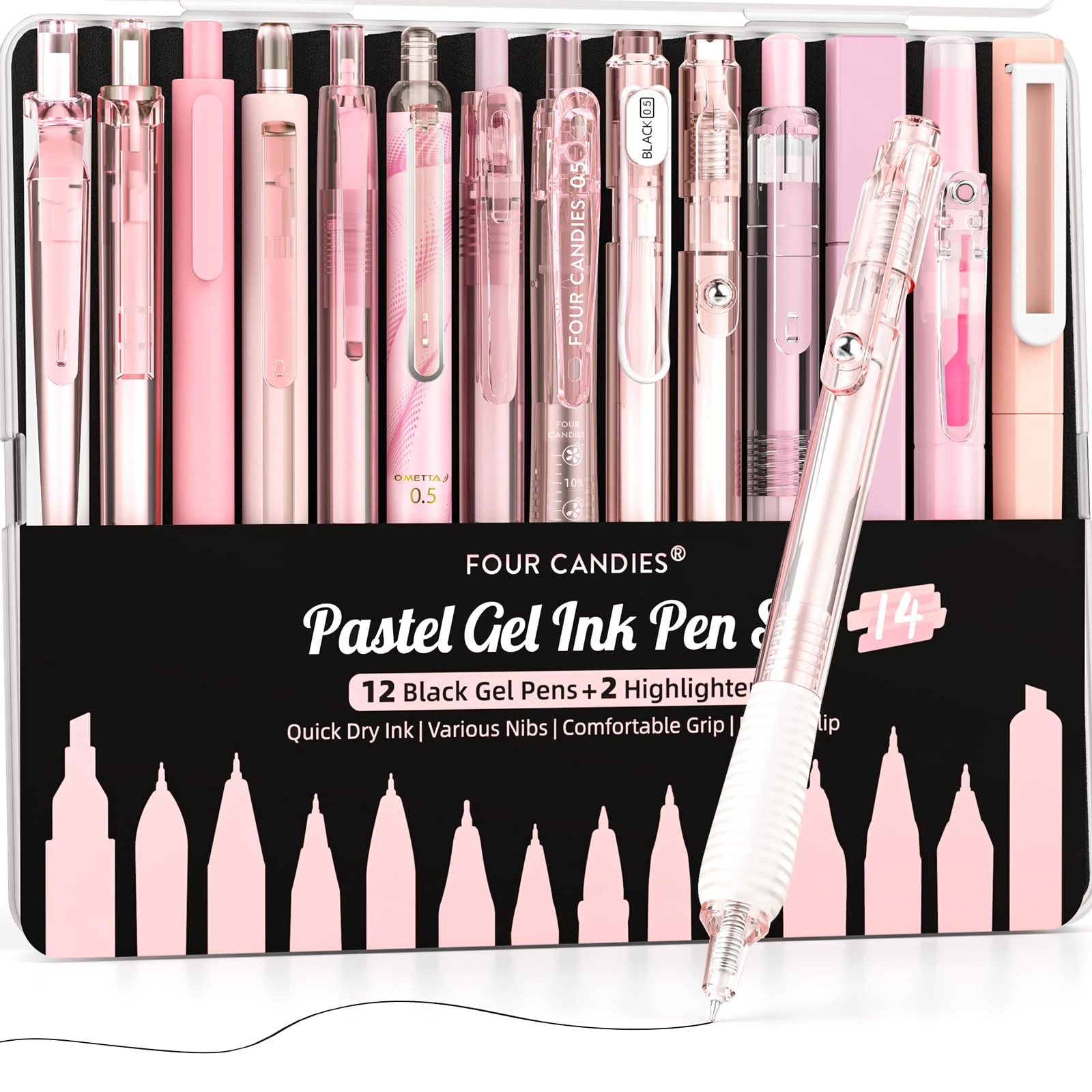 Four Candies 14Pack Pastel Gel Ink Pen Set,Cute Retractable 0.5mm Fine Point Pen,Note Taking Aesthetic Pens,12 Pack Black Ink Pens with 2Pack Highlighter, Smooth Writing Pens for School, Office (Pink)