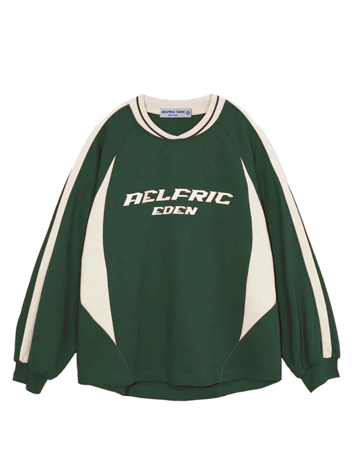 Aelfric Eden Women's Oversized Sweatshirt Without Hood Men's Vintage Raglan Patchwork Stripes Long Sleeve Shirt with Logo Print, 01-Green, M