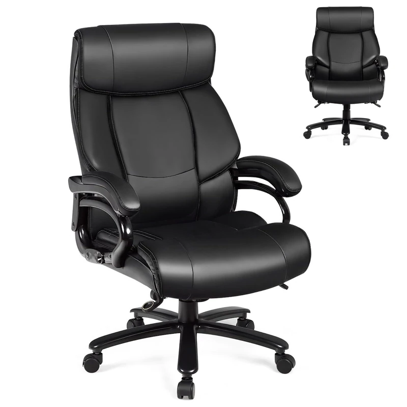 CASART PU Leather Office Chair, 300/400/500LBS Big and Tall Executive Chair with Rocking Backrest&Armrest, Heavy Duty Metal Base, Height Adjustable Computer Desk Chair for Home (Black, 400LBS 123cm)