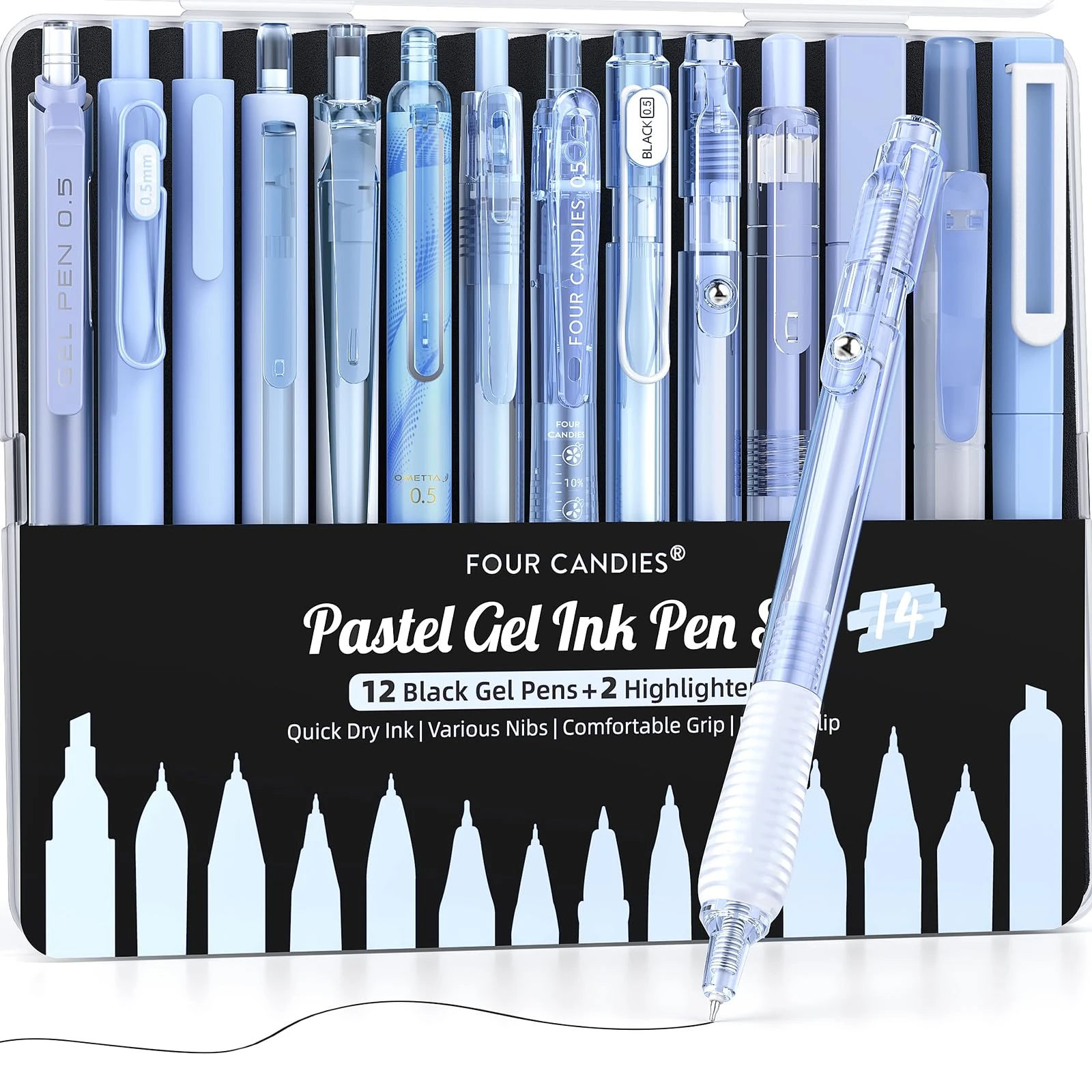 Four Candies 14Pack Pastel Gel Ink Pen Set,Cute Retractable 0.5mm Fine Point Pen,Note Taking Aesthetic Pens,12 Pack Black Ink Pens with 2Pack Highlighter, Smooth Writing Pens for School, Office (Blue)